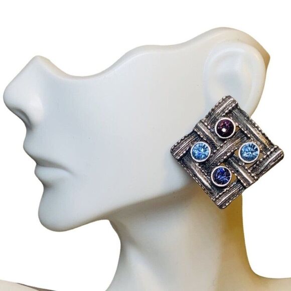 Vintage Large Square Silver Tone Purple Blue Rhinestone Pierced Button Earrings - Picture 2 of 6